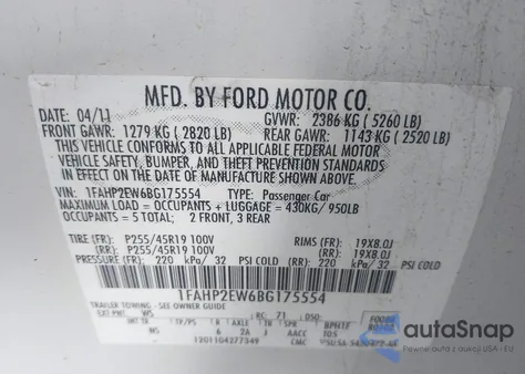 2011 Ford Taurus Sel z USA, uszkodzony, nr VIN 1FAHP2EW6BG175554